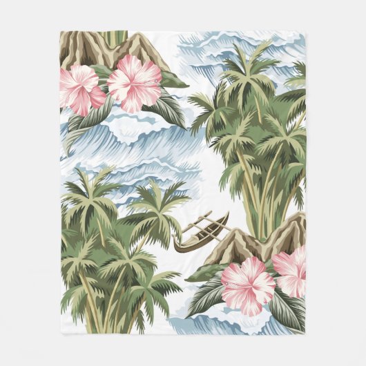 Hawaïaans  eiland, palmboom, boot, roze fleece deken (Voorkant)
