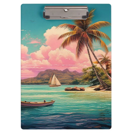 Hawaïaans  eiland, palmboom, boot, roze klembord (Voorkant)