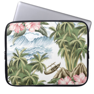 Hawaïaans eiland, palmboom, boot, roze laptop sleeve
