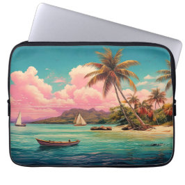 Hawaïaans eiland, palmboom, boot, roze laptop sleeve