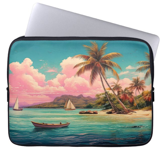 Hawaïaans  eiland, palmboom, boot, roze laptop sleeve (Voorkant)