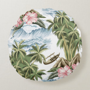 Hawaïaans eiland, palmboom, boot, roze rond kussen