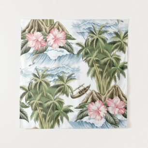 Hawaïaans  eiland, palmboom, boot, roze wandkleed