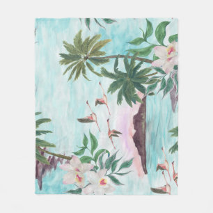 Hawaïaans Landschap Flamingo Waterverf Patroon Fleece Deken