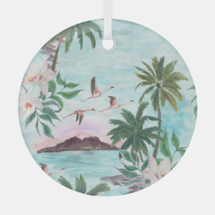 Hawaïaans Landschap Flamingo Waterverf Patroon Glas Ornament