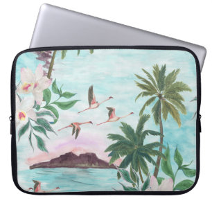 Hawaïaans Landschap Flamingo Waterverf Patroon Laptop Sleeve