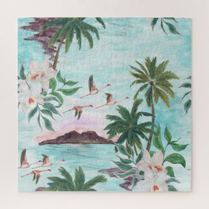 Hawaïaans Landschap Flamingo Waterverf Patroon Legpuzzel