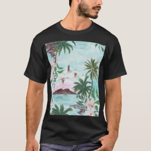 Hawaïaans Landschap Flamingo Waterverf Patroon T-shirt