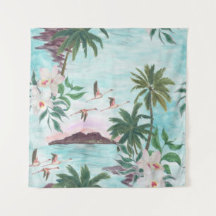 Hawaïaans Landschap Flamingo Waterverf Patroon Wandkleed