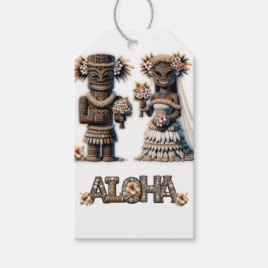 Hawaïaans Polynesisch Tiki Bruid en bruidegom Brui Cadeaulabel (Voorkant)