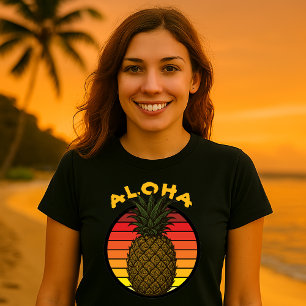 Hawaiaanse Ananas Aloha Retro Zonsondergang Sjablo T-shirt