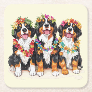 Hawaiaanse Bernese Berghonden Bloemen Lei Vierkante Kartonnen Onderzetter