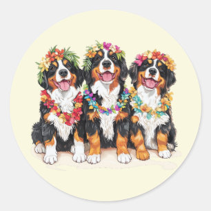 Hawaïaanse Bernese Mountain Dogs Bloemenkrans Ronde Sticker
