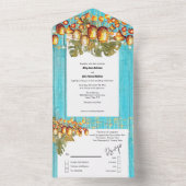 Hawaïaanse hemellantaarns boho hout tropisch blauw all in one uitnodiging (Binnen)