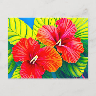 Hawaïaanse hibiscus rode bloemen met groene blader briefkaart
