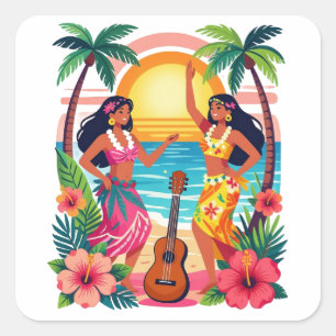 Hawaiaanse Hula Zonsondergang Strand Tropische Dan Vierkante Sticker