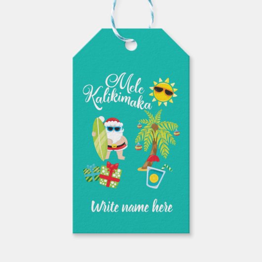 Hawaïaanse kerst. Kerstman Mele Kalikimaka. Cadeaulabel (Voorkant)