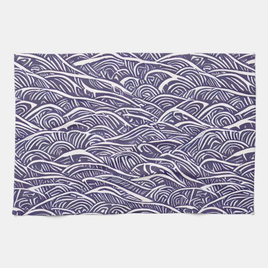 Hawaïaanse Linocut Waves en Surf Theedoek (Horizontaal)