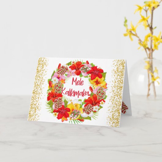 Hawaiaanse Mele Kalikimaka Kerstkrans Kaart (Gele Bloem)