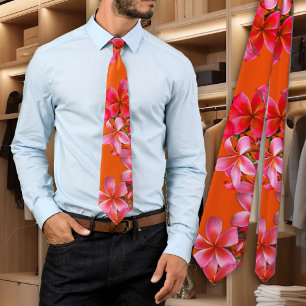 Hawaiaanse Plumeria Tropische Roze Bloemige Oranje Stropdas