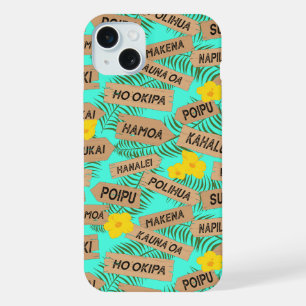 Hawaiaanse strand eilanden op blauw iPhone 15 plus case