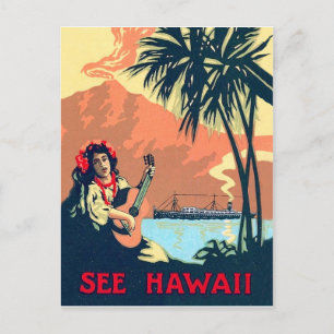 Hawaiaanse tropische strand, vrouw die gitaar spee briefkaart
