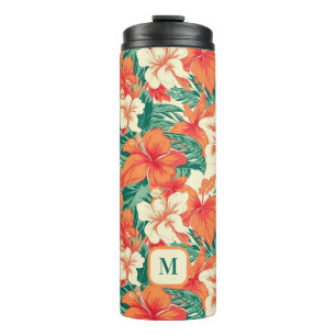 Hawaïaanse vibe tropische bloemen patroon monogram thermosbeker