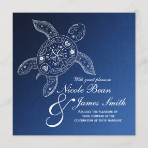 Hawaiaanse zeeschildpad wit op blauwe strandbruilo kaart