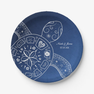 Hawaiaanse zeeschildpad wit op blauwe strandbruilo papieren bordje