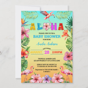 Hawaii Aloha Tropical Floral Flamingo Baby shower Kaart