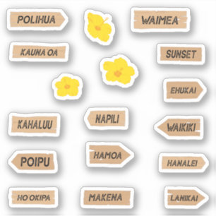 Hawaii Beach Names and Hibiscus Flowers Sticker