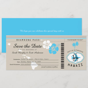 Hawaii Boarding Pass Tand and Blue Save the Date Kaart