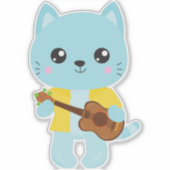 Hawaii Cat, Cute Cat, Blue Cat, Guitar, Luau Sticker (Voorkant)