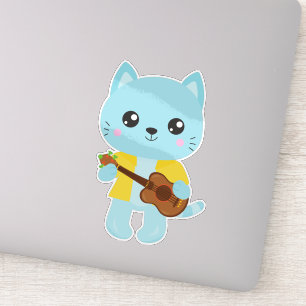Hawaii Cat, Cute Cat, Blue Cat, Guitar, Luau Sticker