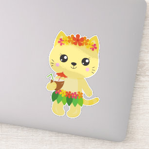 Hawaii Cat, Cute Cat, Yellow Cat, Flowers, Luau Sticker