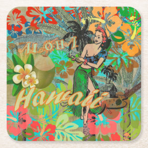 Hawaii Flower Hula  Floral Graphic Vierkante Kartonnen Onderzetter