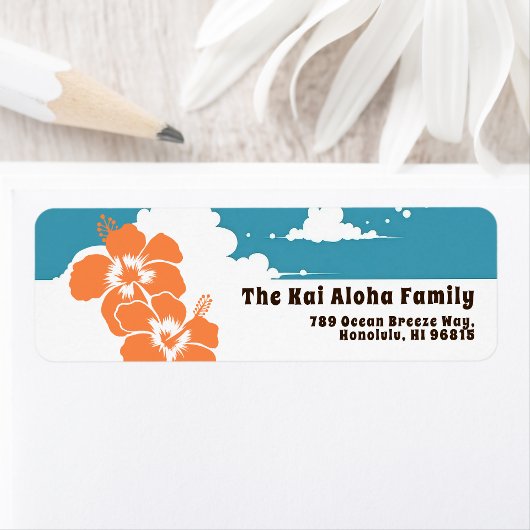 Hawaii Hibiscus & Summer Clouds Customizable Etiket