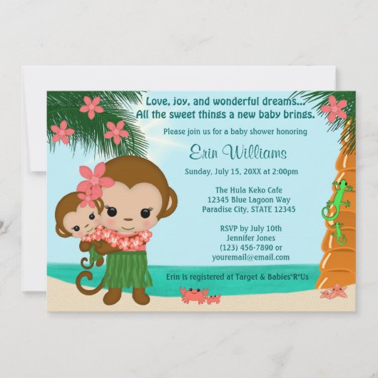 Hawaii Hula Monkey Invitation Baby shower Beach (Devant)