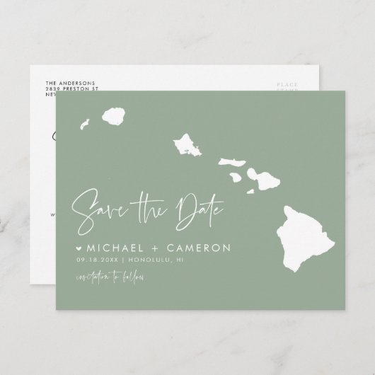 Hawaii Kaart Sage Green Save the Date (Voorkant / Achterkant)