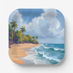 Hawaii Oceaan Oever Aquarel Schilderij Strand Papieren Bordje