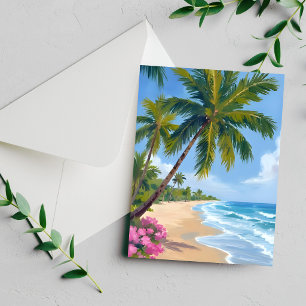 Hawaii Strand Watercolor Oceaan Palmboom Kaart