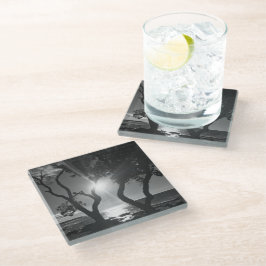 Hawaii Sunlit Trees Ocean Shore Black and White Glazen Onderzetter