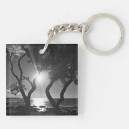 Hawaii Sunlit Trees Ocean Shore Black and White Sleutelhanger