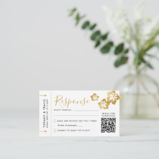Hawaii Wedding Boarding Pass Ticket Mini QR RSVP Informatiekaartje (Staand voorkant)
