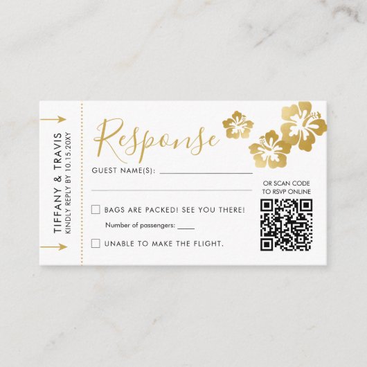Hawaii Wedding Boarding Pass Ticket Mini QR RSVP Informatiekaartje (Voorkant)