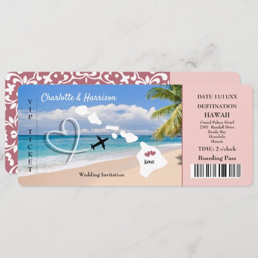 Hawaii Wedding Destination Ticket Pass Uitnodiging (Voorkant / Achterkant)