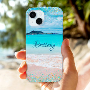 Hawaii Zandstrand Oceaan Blauw Goud Confetti Naam iPhone 15 Hoesje