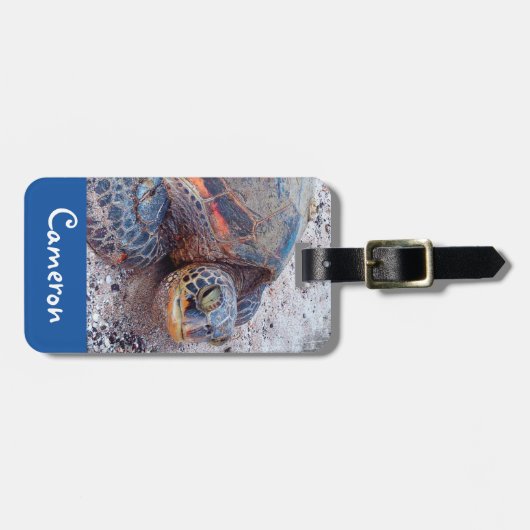 Hawaii Zee Turtle Honu Foto Aangepaste Naam Script Bagagelabel (Voorkant horizontaal)