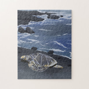 Hawaii Zeeschildpad op Zwarte Zand Strand T-Shirt Legpuzzel