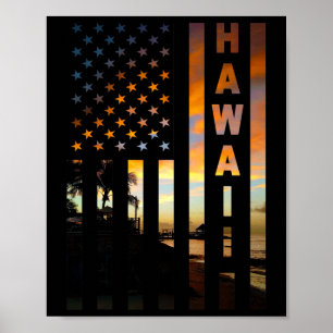 Hawaii Zonsondergang Amerikaanse Vlag Honolulu Haw Poster